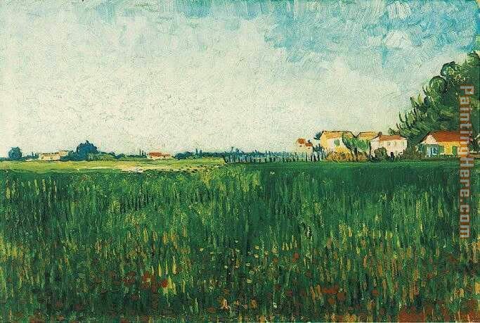 Farmhouses in a Wheat Field Near Arles painting - Vincent van Gogh Farmhouses in a Wheat Field Near Arles art painting
